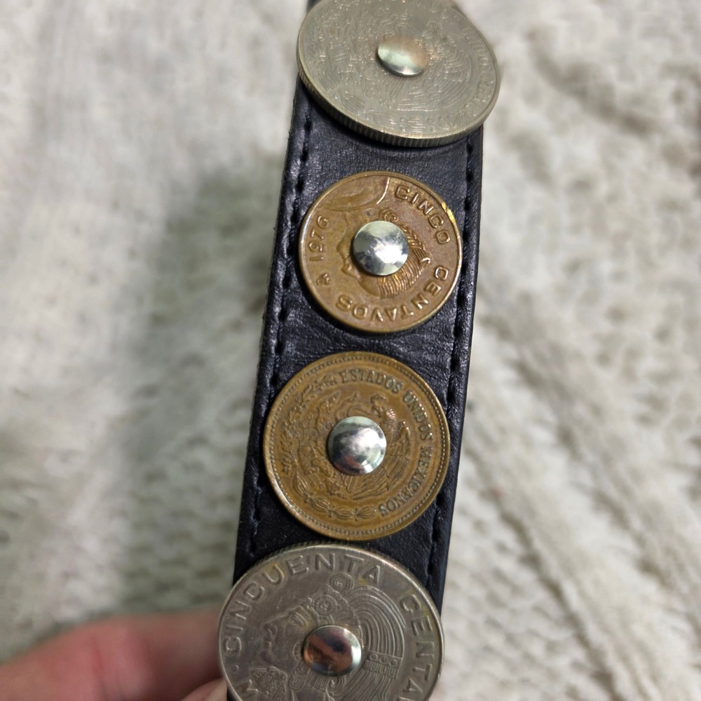 VTG 80s Ginnie Johansen Belt Black Mexican Coin Studded Western Leather 24-26 - Picture 11 of 11
